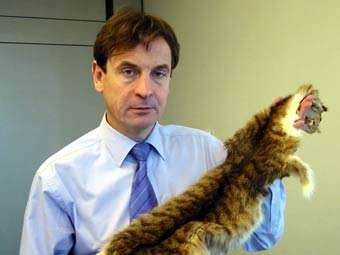 Британский парламентарий демонстрирует кошачью шкуру. chrisdaviesmep.org.uk