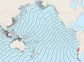 Карта-прогноз о том, каким образом будет двигаться цунами, спровоцированное землетрясением магнитудой 8,8, произошедшим в Чили. Фото: РИА Новости