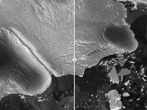 Шельф Зульцбергера. Слева - до прихода волны, справа - спустя несколько дней после прихода. Фото European Space Agency/Envist