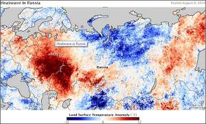 Температурная карта России на 9 августа 2010 года с указанием отклонений от средних показателей (изображение НАСА).