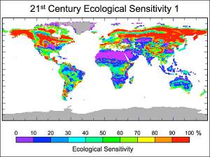 Проценты указывают, насколько, по мнению компьютерной модели, изменится растительный покров планеты к 2100 году. (Изображение авторов работы.)