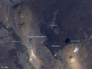 Извержение в северной части хребта Эрта Але (Эфиопия) в 2008 году с точки зрения спутника Formosat (изображение Cheng-Chien Liu, National Cheng-Kung University / An-Ming Wu, National Space Organization, Taiwan / Ralph Harrington, Volcanism Blog).