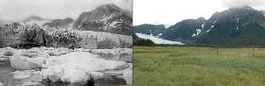 Отступление ледника Педерсена на Аляске. Слева — 1917 год, справа — 2005-й. (Изображения The Glacier Photograph Collection, National Snow and Ice Data Center / World Data Center for Glaciology.)