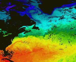 Температура поверхности Северной Атлантики в сентябре 2001 года (изображение Ronald Vogel, SAIC for NASA GSFC).