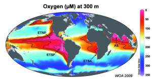 На иллюстрации показаны места с пониженным содержанием кислорода в воде. Фото: sciencedaily.com