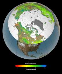 Голубым и зеленым цветом на карте отмечены территории с увеличенным ростом растительности. Фото с сайта sciencedaily.com