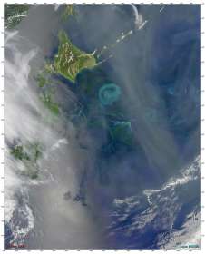 Это спутниковое изображение показывает большую область цветения фитопланктона, около 150 миль в диаметре, образовавшуюся в северо-западной части Тихого океана у берегов Хоккайдо, Япония, в мае 2009 года. Исследователи предположили, что такое цветение было вызвано железом в пост-ледниковом океане, но новое исследование ученых WHOI предполагает, что &quot;идеальный шторм&quot; света и питательных веществ стимулировал взрывной рост фитопланктона и других крошечных существ в северной части Тихого океана еще 14 000 лет назад. (Фото: Norman Kuring, MODIS Ocean Color Team/NASA) ответить