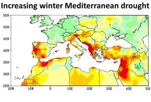 Засухи в Средиземноморье. Желтым и красным показаны районы, где в 1971-2010 годах наблюдались аномально сухие зимы.  Изображение: NOAA