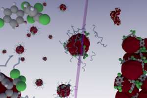 Наночастицы с гидрофобным ядром (красным) и гидрофильной оболочкой (в виде «проволочных хвостов» на поверхности красного ядра); лишённые гидрофильной оболочки, наночастицы и налипшие на них молекулы загрязнителя слипаются в большие надмолекулярные агрегат