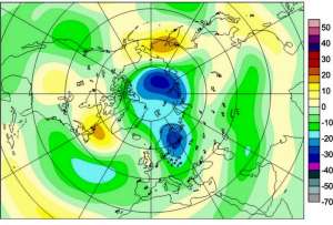  Отклонение содержания озона в стратосфере над Арктикой, в процентах, по данным на 7 февраля 2016 г. ©Environment Canada