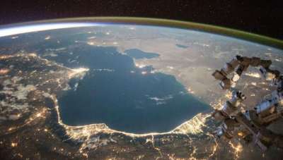 Вид на Каспийское море с борта МКС. Фото Scott Kelly/NASA-JSC.