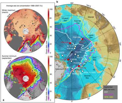 Современный ледовый покров в Арктике и места отбора проб для исследования.