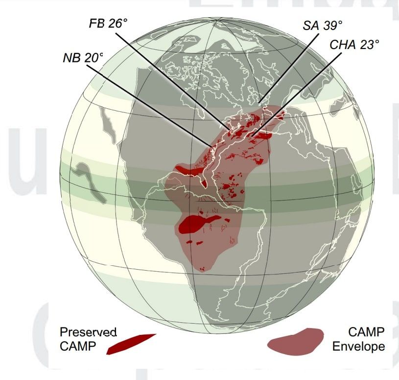 Породы Центрально-Атлантической магматической провинции (CAMP) на карте Пангеи 